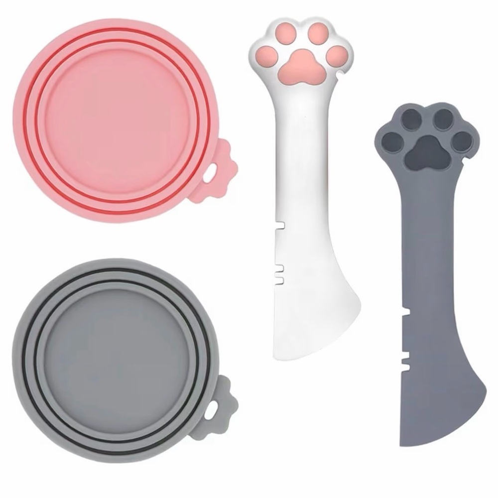 4~Pet Paw Silicone Cat Bowl Set-Pink&Gray Multi-use Opener, Cute Paw Shape Spoon